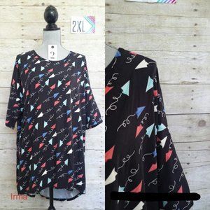 LuLaRoe Irma Shirt/Tunic 2XL – Red, White, & Blue Paper Planes on Black